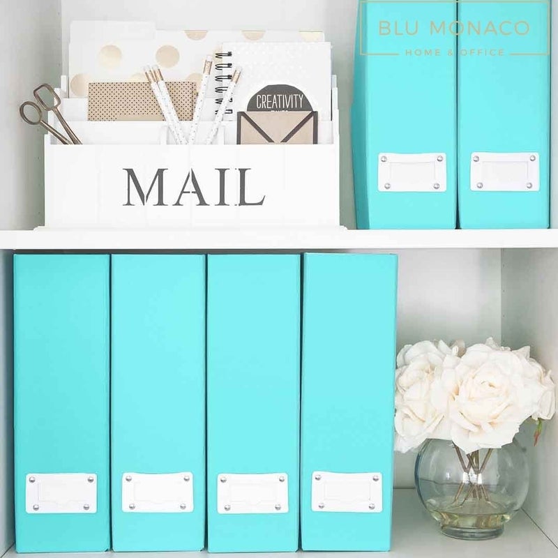 BLU MONACO Set of 6 Aqua Magazine File Holders | Foldable Magazine Storage Boxes with White Leather Label Holders | Vertical File Organizer for Desk, Shelves & Home Office - Image 4
